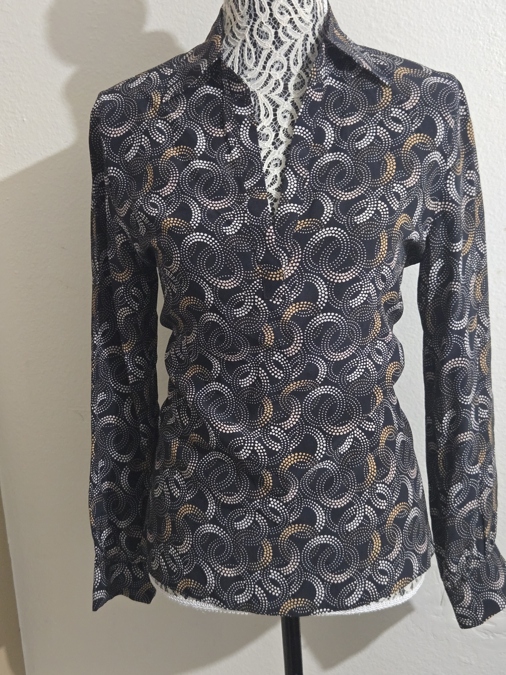 Animale Black Button-Down Shirt with White and Gold Dot Swirl Pattern
